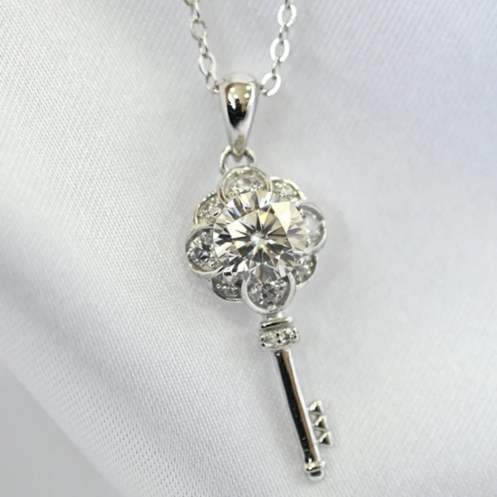 Certified 1ct. t.w. Moissanite Diamond Flower Key Necklace NEW